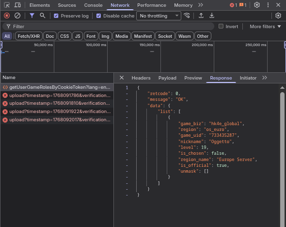The network response showing the UID