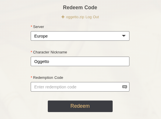 Selecting the server on the redemption page